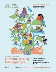 Affiche de la 3e conférence internationale d'Égides qui aura lieu du 31 juillet au 3 août 2025 - image d'une plante sur laquelle sont assises des personnes LGBTQI.